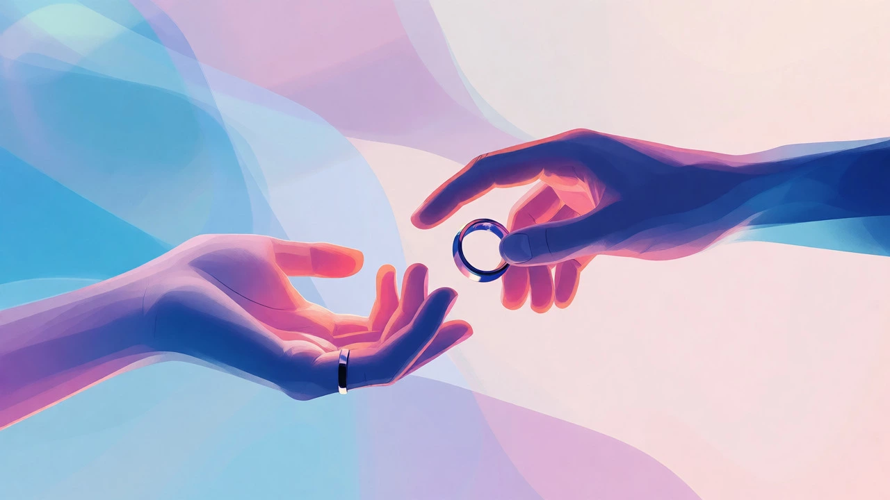 Two hands exchanging wedding rings simultaneously against a soft pastel background.
