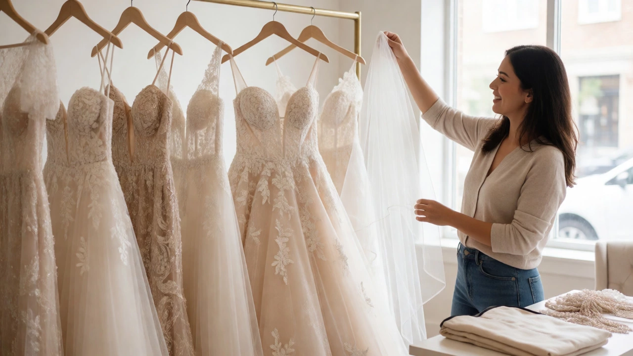 Woman examining a wedding dress and veil at a sample sale in a bright boutique.