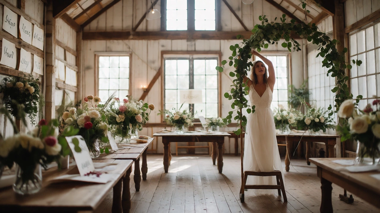 Bride adjusting floral arch at wedding venue