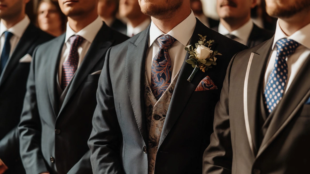 Close-up of groom with patterned tie and vest distinguishing him from groomsmen.
