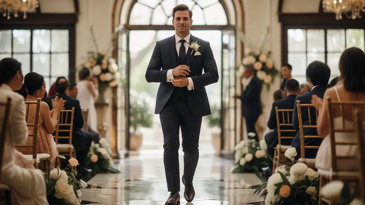 Confident groom in fitted suit at wedding