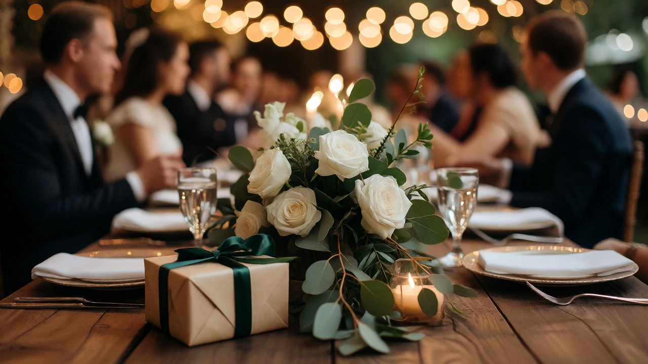 Elegant wedding table setting with a wrapped gift and floral centerpieces under warm lights.