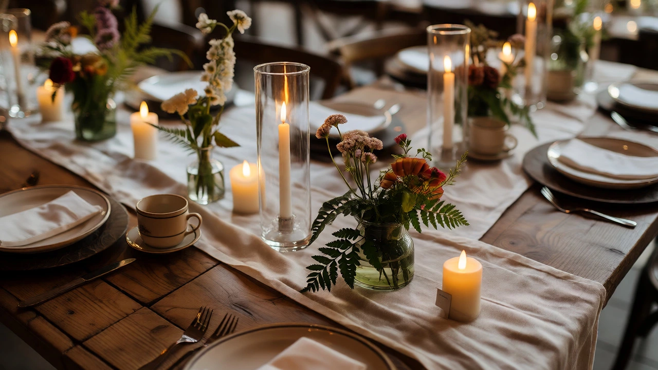 Elegant wedding table setting with mixed-height floral centerpieces and candles