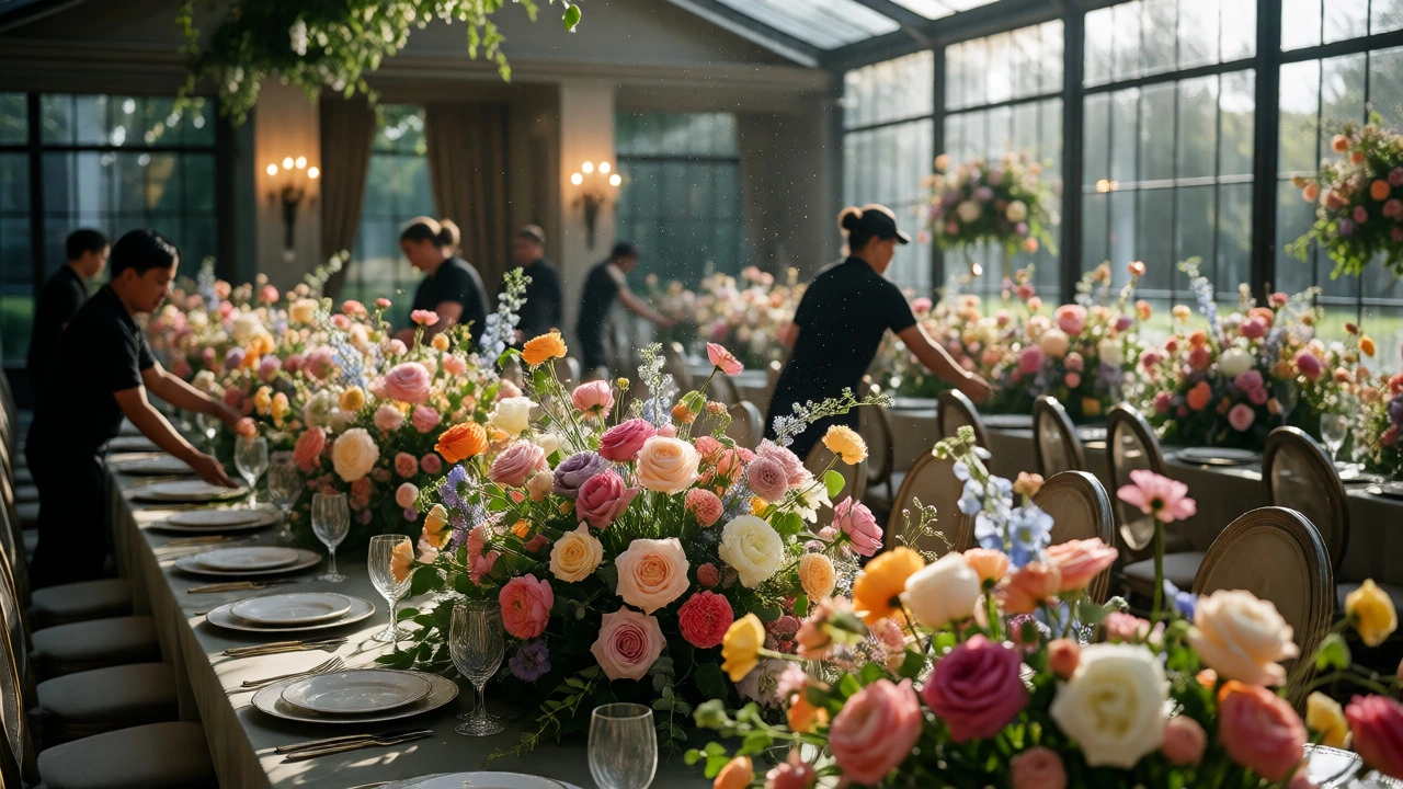 Floral team setting up lush centerpieces at a wedding venue before guests arrive.