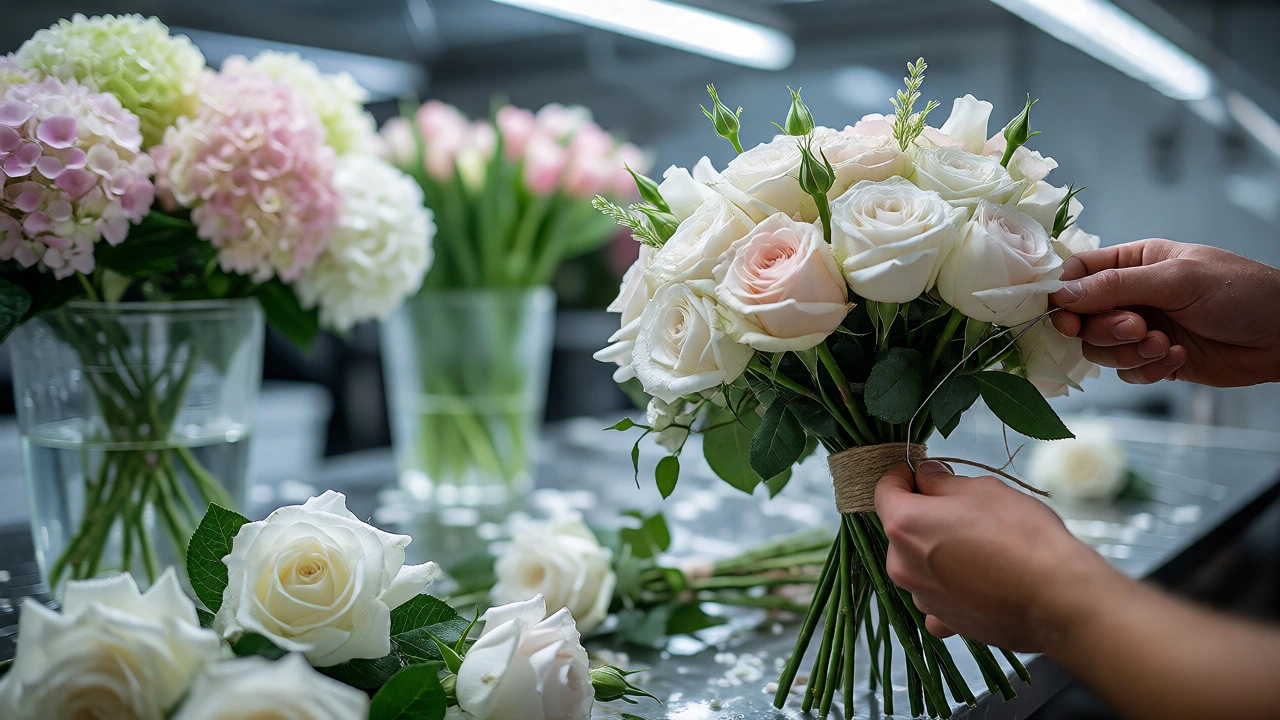 Florist hand-wiring a bridal bouquet with fresh roses in a studio.