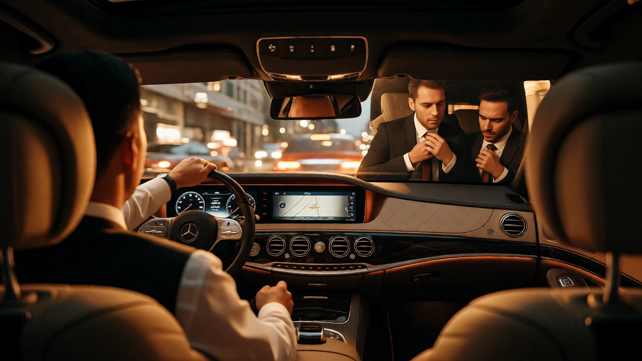 Groom and best man ride in luxury sedan