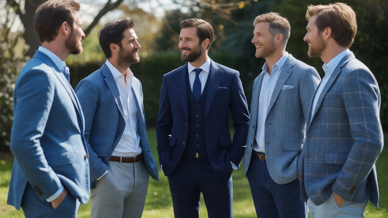 Group of groomsmen in coordinated but non-identical blue and grey suits outdoors.