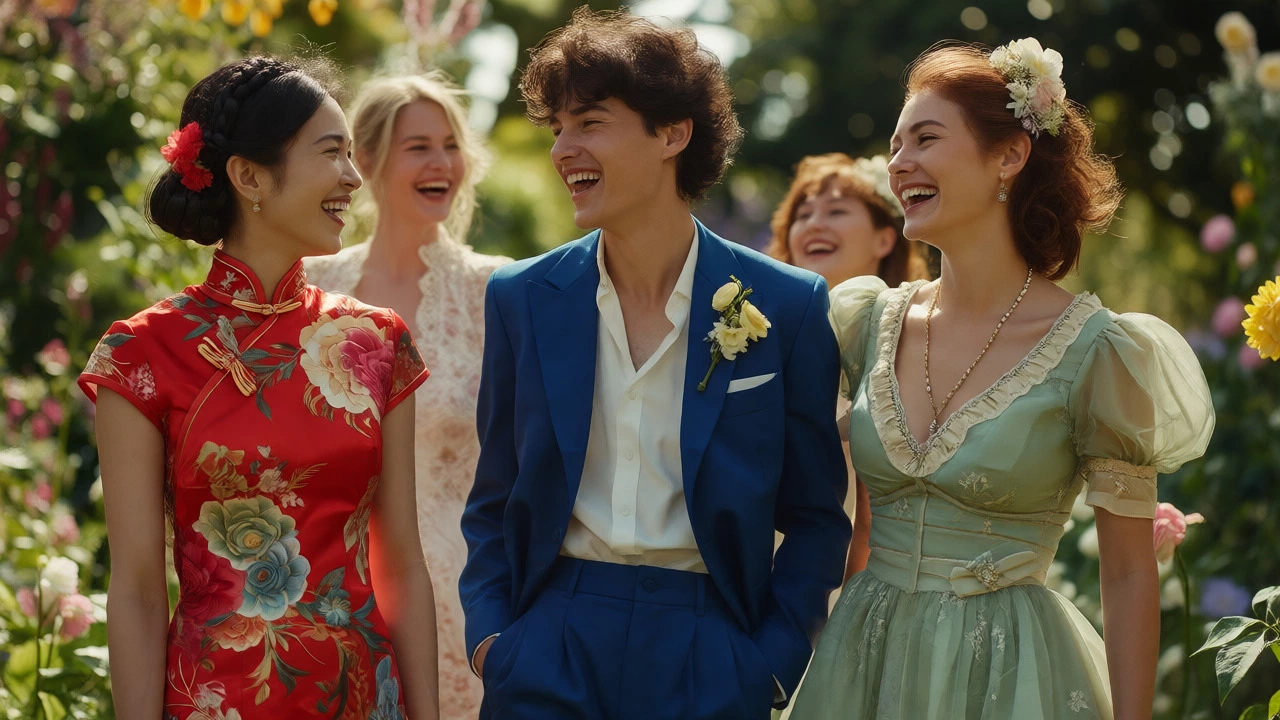 Group of modern brides wearing colorful dresses including red, navy, and green