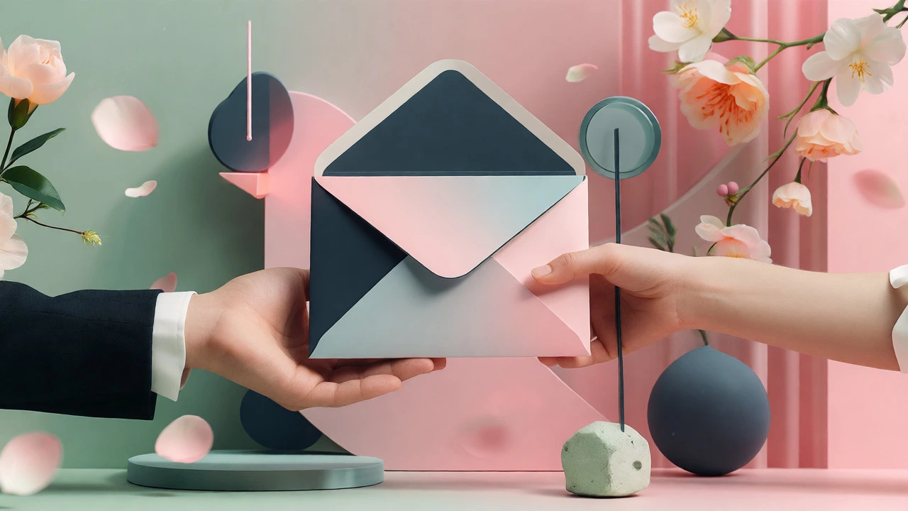 Hands exchanging a gift envelope amidst abstract pastel wedding-themed graphics.