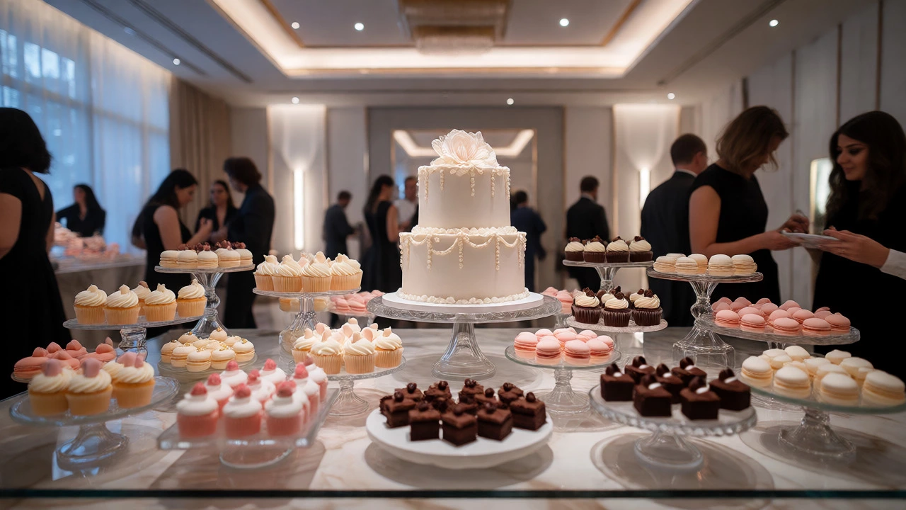 Lavish dessert table with a display cake and assorted mini treats
