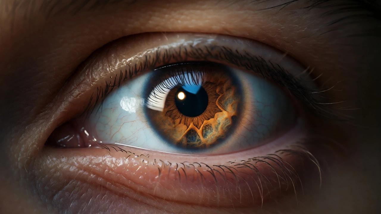 Macro shot of a human eye with a clear circular catchlight reflecting a light source.