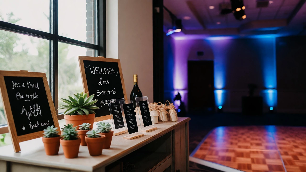 Personalized wedding decor including succulent favors and chalkboard signs