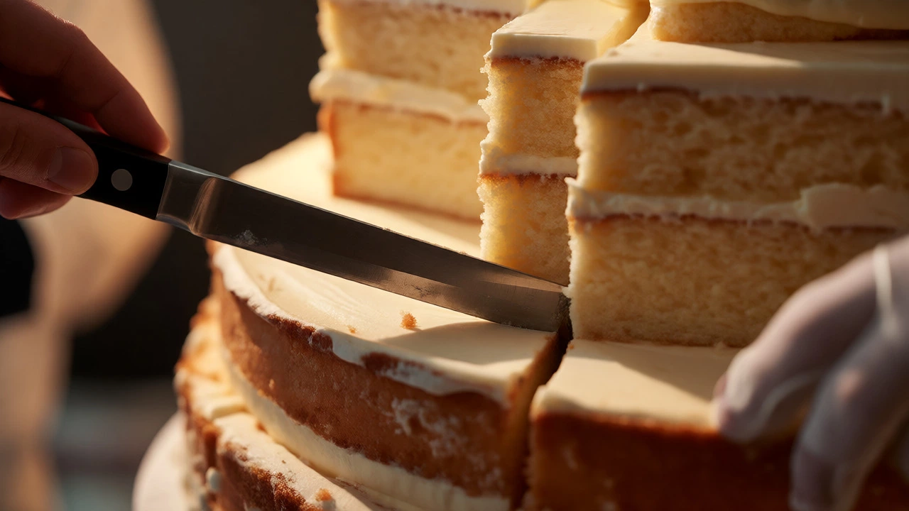 Professional server cutting a precise square slice from a tiered cake