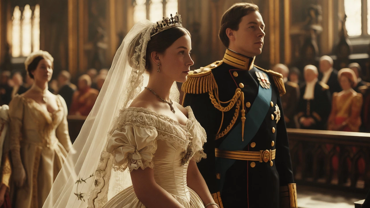 Queen Victoria and Prince Albert at their 1840 wedding in white lace attire