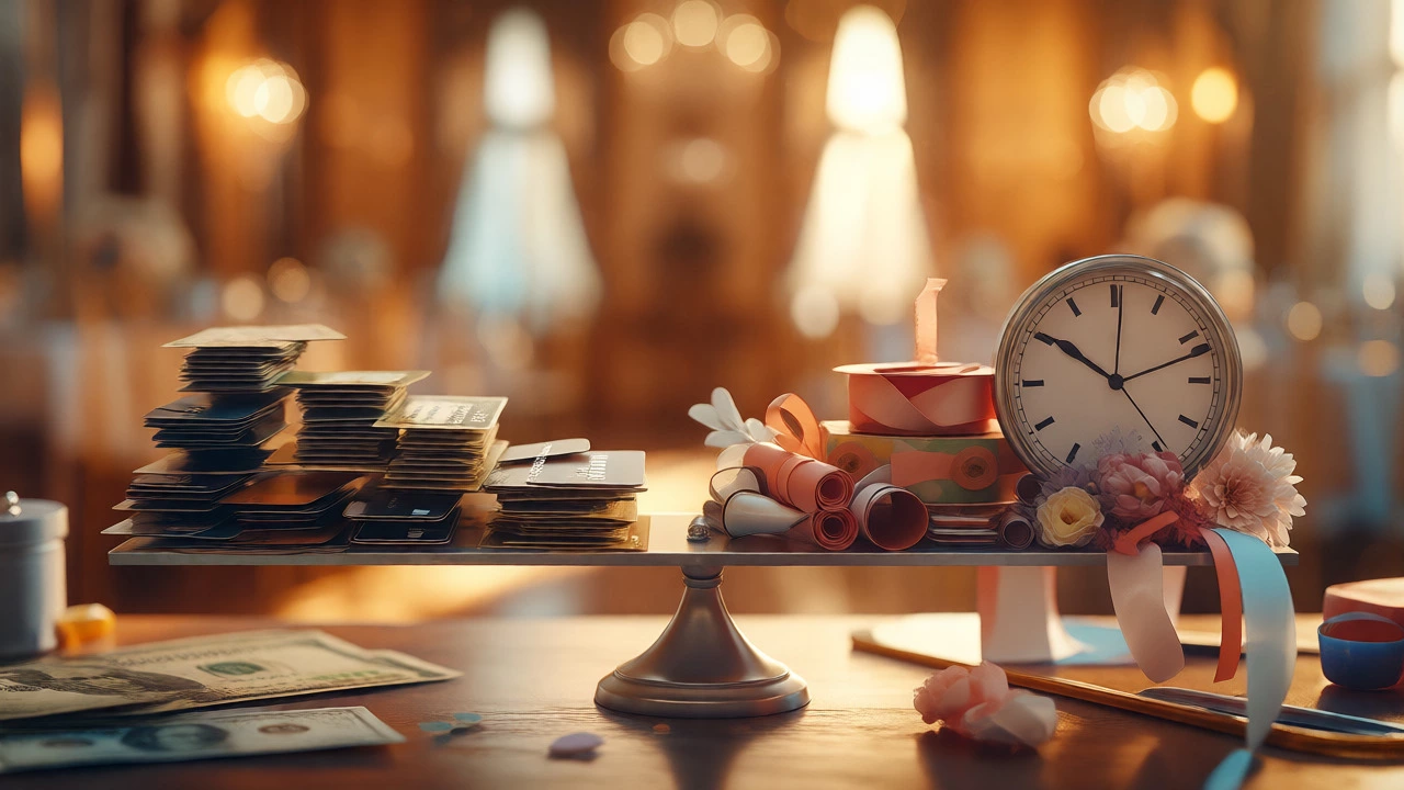 Scale balancing money against wedding craft supplies