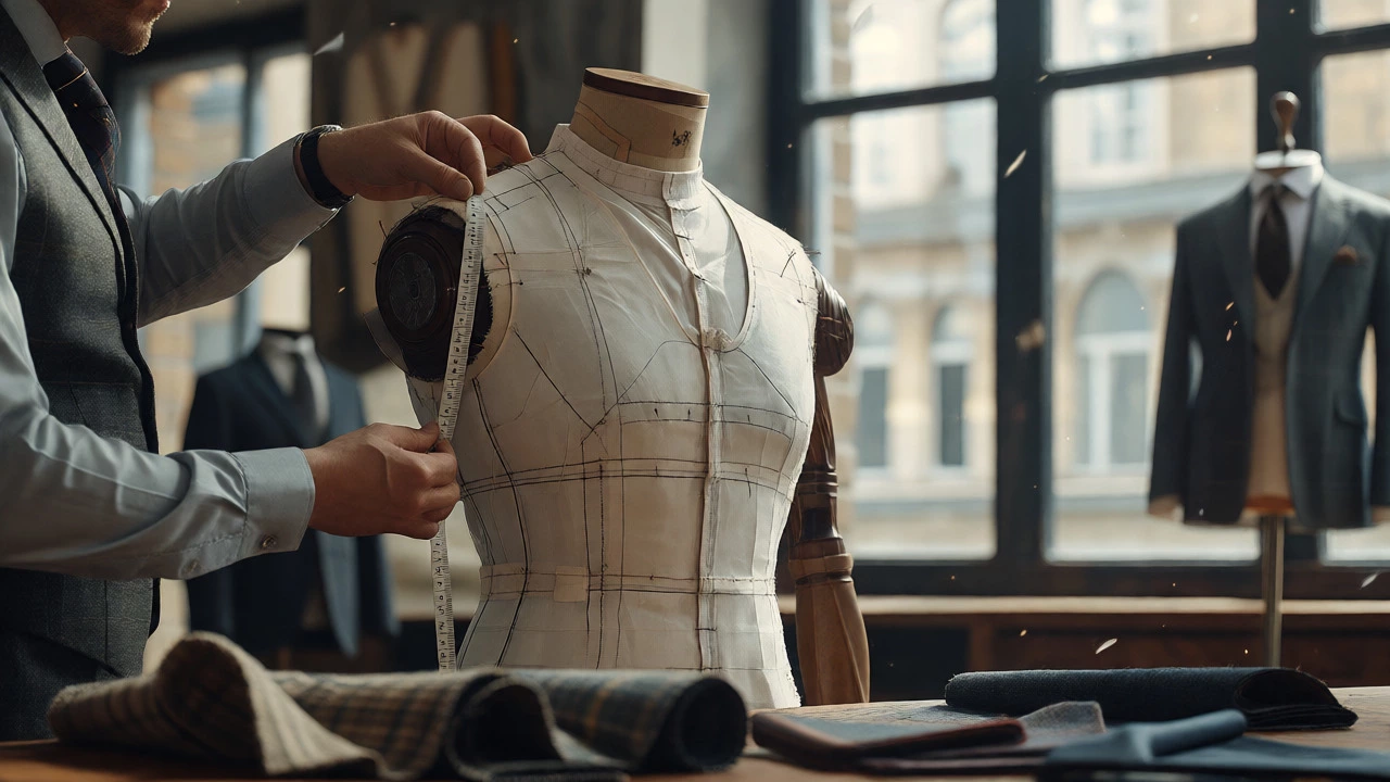 Tailor measuring groom for bespoke suit