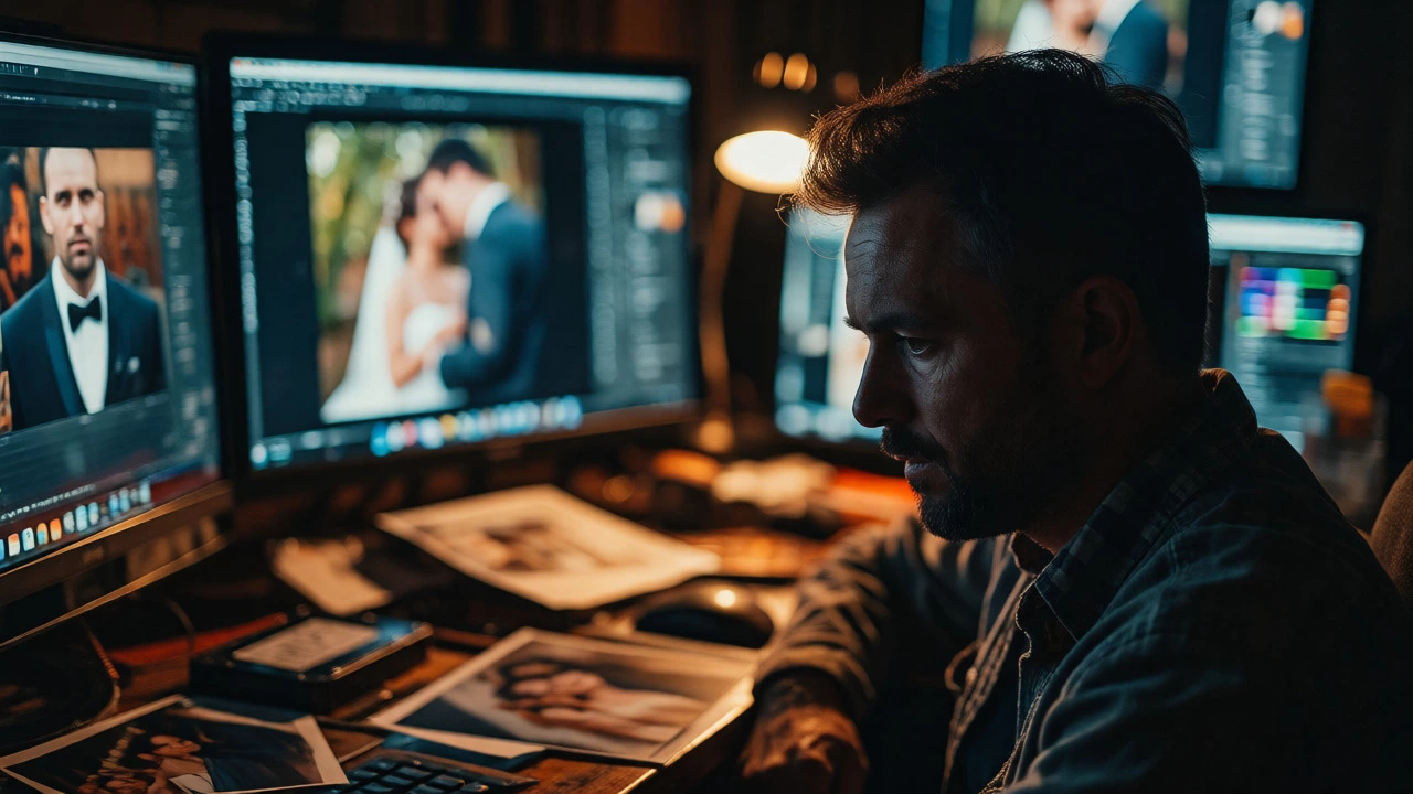 Wedding photographer editing photos late at night at a desk