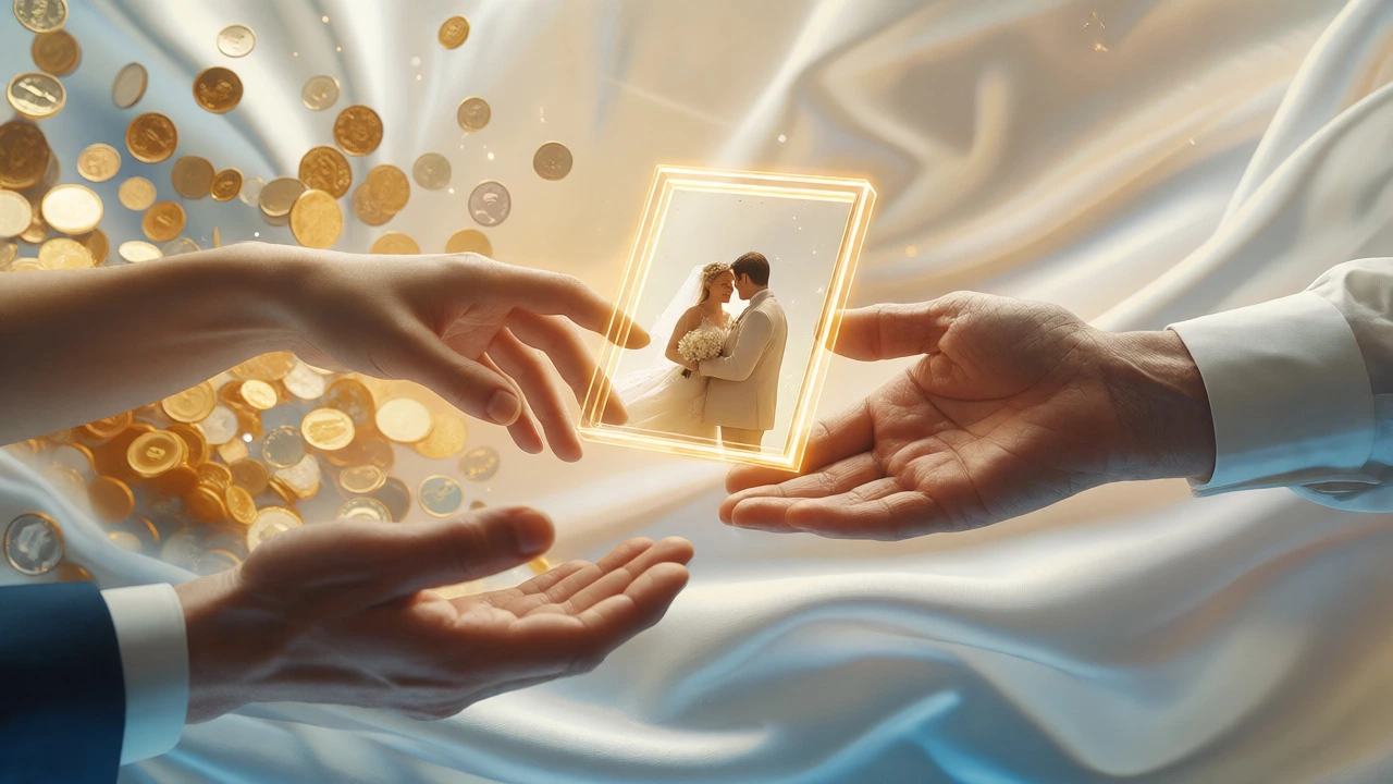 Young and older hands reaching for a framed wedding photo